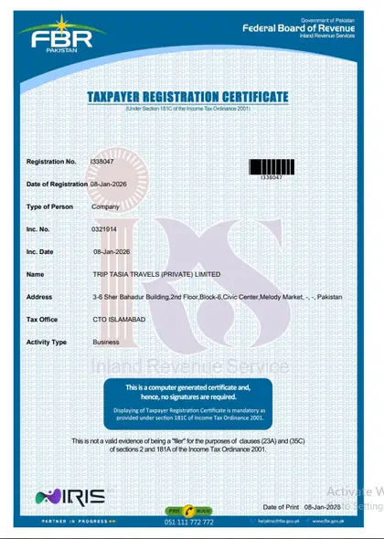 FBR registration certificate of Trip Tasia Travels