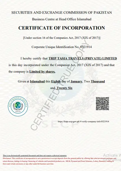 SECP certificate of incorporation of Trip Tasia Travels (Private) Limited